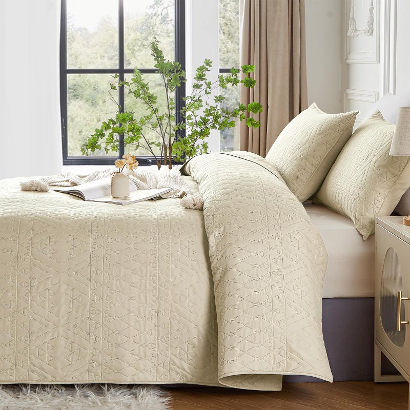 akkialla King/Cal King Size Quilt Bedding Set Beige Lightweight Microfiber Soft Bedspread Modern Style Geometric Pattern Coverlet Set for All Seasons 3 Piece(1 Quilt 2 Pillow Shams) - Image 3